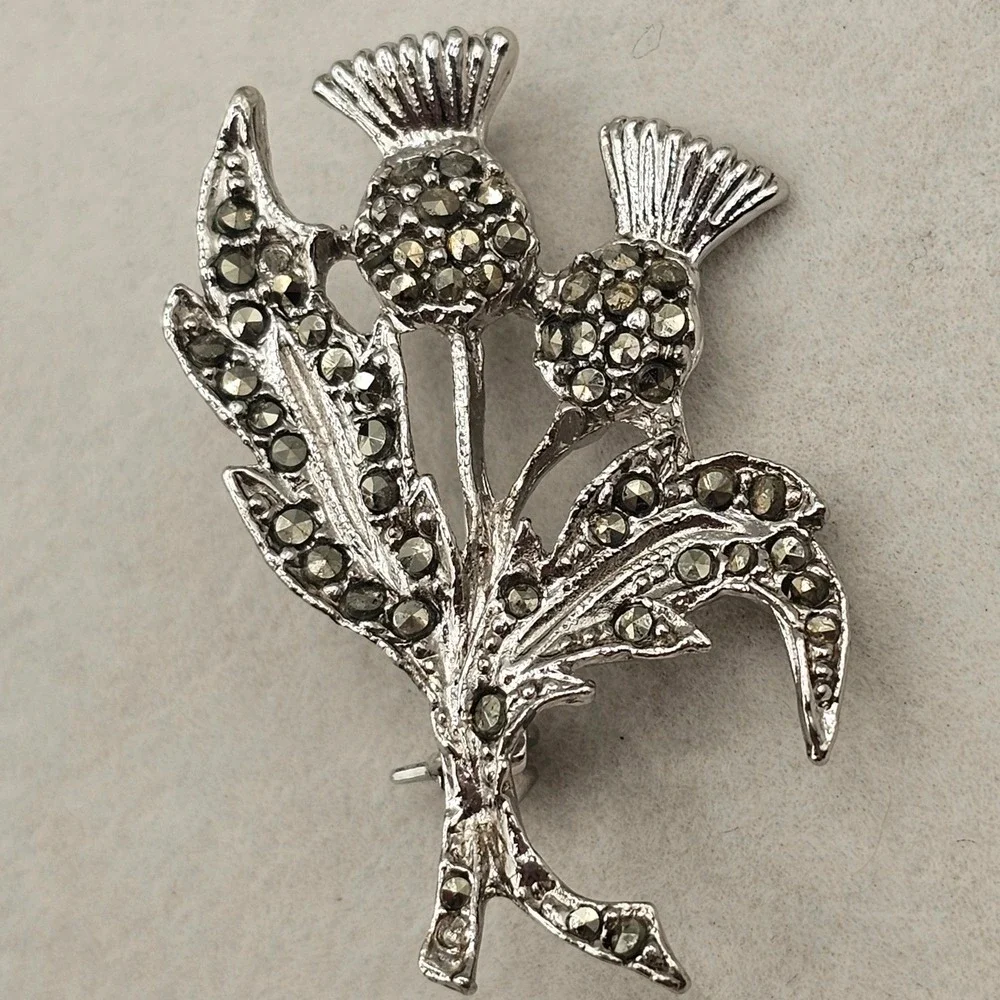 Scottish Double Thistle Brooch Silver Tone Celtic Marcasite Style Floral Pin